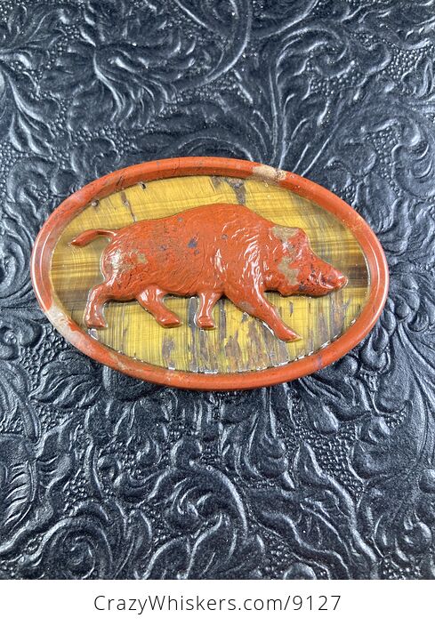 Boar Carved Mini Art Red Jasper and Tigers Eye Stone Pendant Cabochon Jewelry - #LZjvMp4yDGY-6
