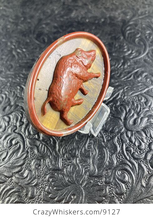 Boar Carved Mini Art Red Jasper and Tigers Eye Stone Pendant Cabochon Jewelry - #LZjvMp4yDGY-2