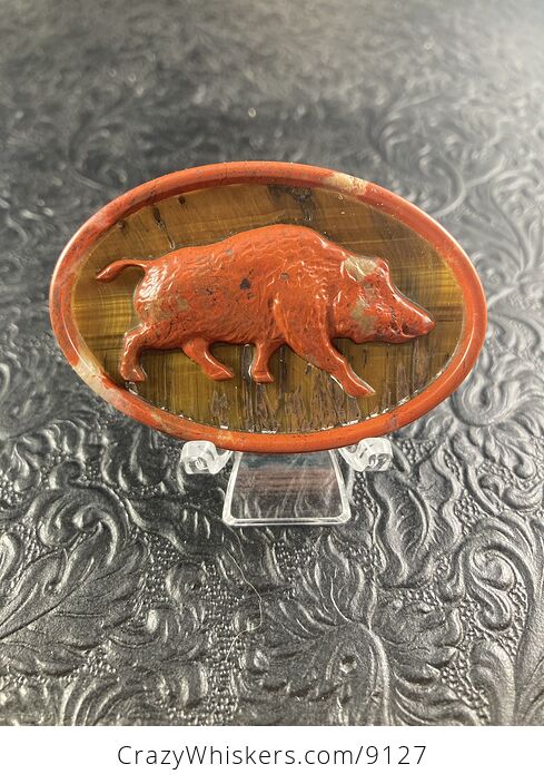 Boar Carved Mini Art Red Jasper and Tigers Eye Stone Pendant Cabochon Jewelry - #LZjvMp4yDGY-1