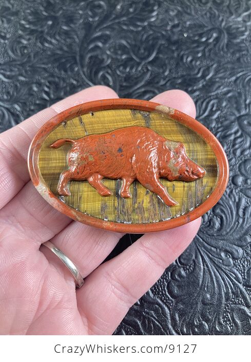 Boar Carved Mini Art Red Jasper and Tigers Eye Stone Pendant Cabochon Jewelry - #LZjvMp4yDGY-5