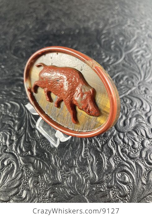 Boar Carved Mini Art Red Jasper and Tigers Eye Stone Pendant Cabochon Jewelry - #LZjvMp4yDGY-3