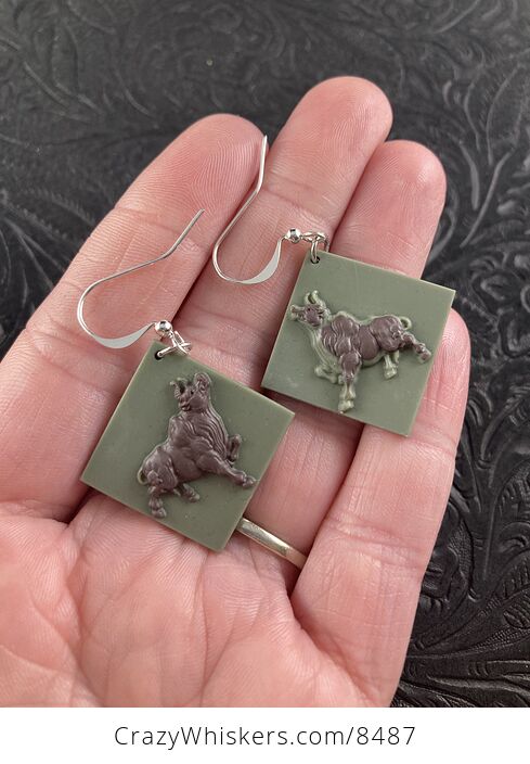 Brown and Green Jasper Stone Bull Taurus Cow Earrings Jewelry - #lUgpJETf6uQ-1