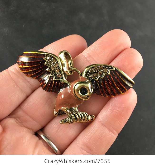 Brown Enamel and Rhinestone Flying or Landing Owl Jewelry Pendant - #kns0p3Fbo84-1