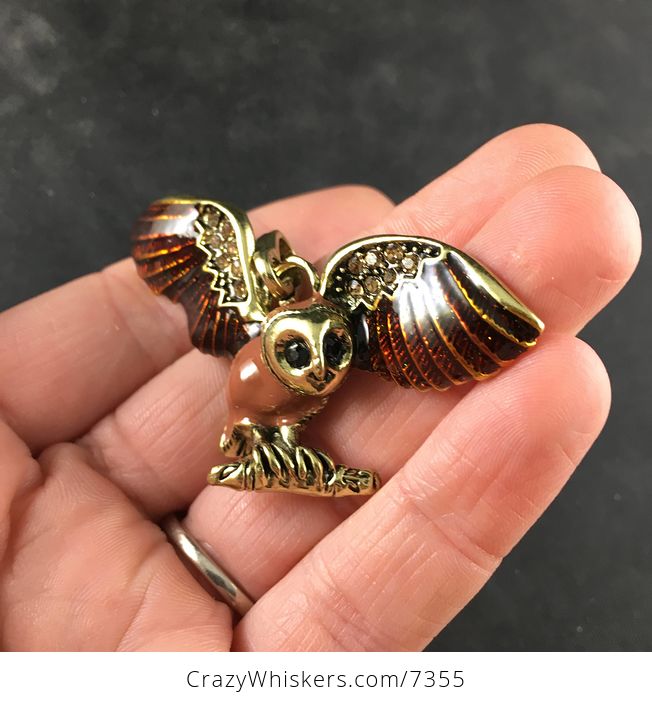 Brown Enamel and Rhinestone Flying or Landing Owl Jewelry Pendant Necklace - #kns0p3Fbo84-2