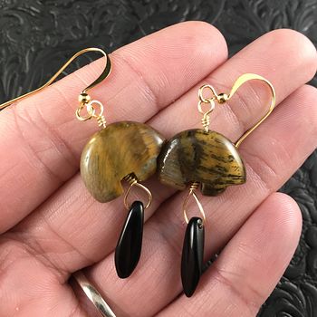 Brown Tiger Eye Bear and Black Dagger Earrings with Gold Wire #a0XDZKaYM7M