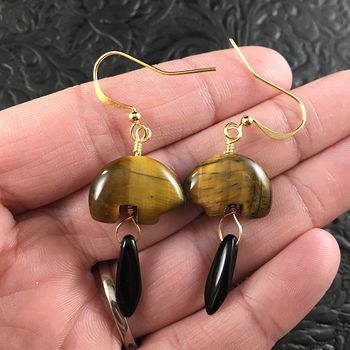 Brown Tiger Eye Bear and Black Dagger Earrings with Gold Wire #cHJzIuVVRYU