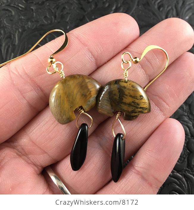 Brown Tiger Eye Bear and Black Dagger Earrings with Gold Wire - #a0XDZKaYM7M-1