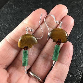 Brown Tiger Eye Bear and Green African Jade Earrings with Silver Wire #lqz5j8ltIhw