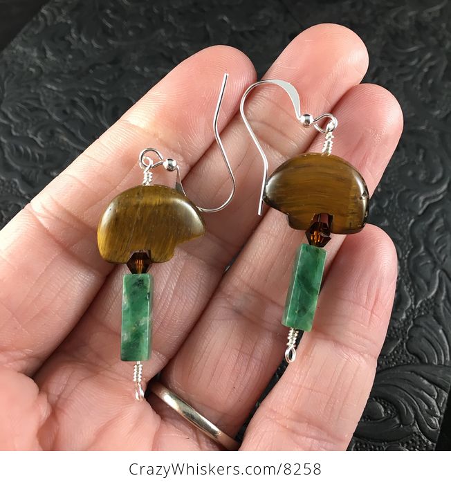 Brown Tiger Eye Bear and Green African Jade Earrings with Silver Wire - #lqz5j8ltIhw-1
