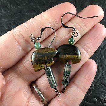 Brown Tiger Eye Bear and Moss Agate Earrings with Black Wire #THFOVTSi4TE