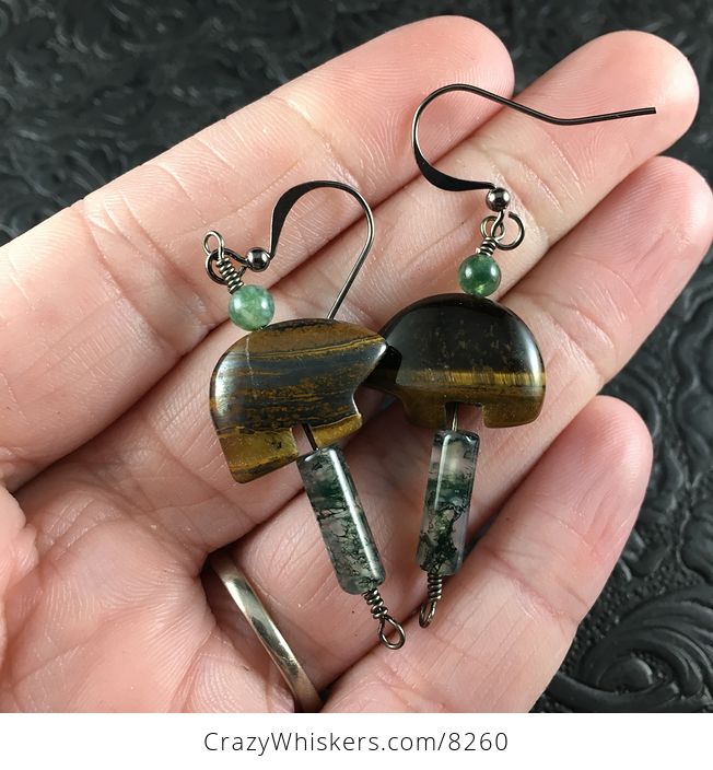 Brown Tiger Eye Bear and Moss Agate Earrings with Black Wire - #THFOVTSi4TE-1