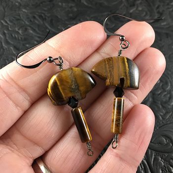 Brown Tiger Eye Bear Earrings with Black Wire #vcPKpzGbXDA