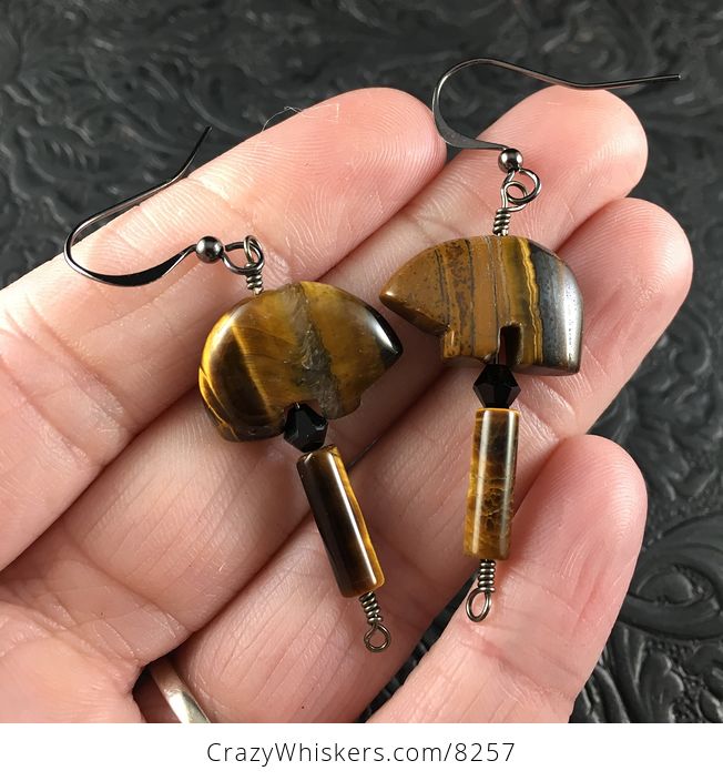 Brown Tiger Eye Bear Earrings with Black Wire - #vcPKpzGbXDA-1