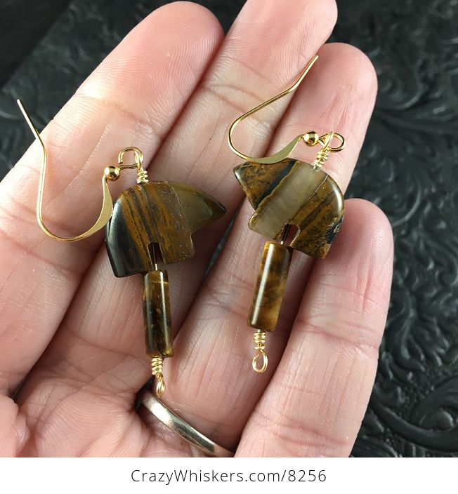 Brown Tiger Eye Bear Earrings with Gold Wire - #5Taea5FojQY-1