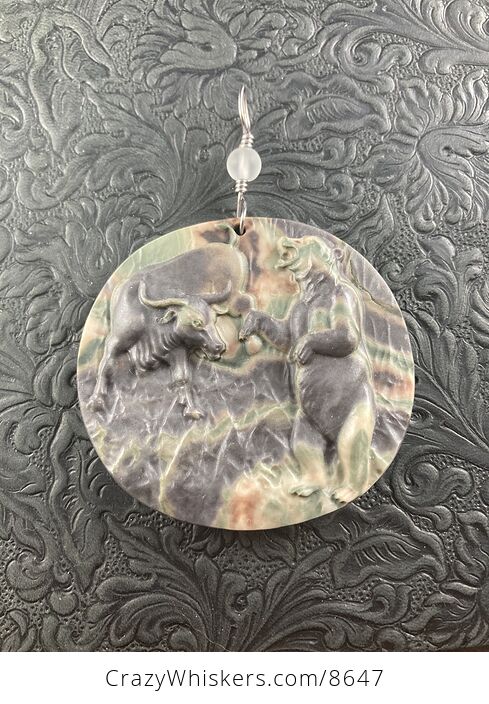 Bull and Bear Carved Jasper Stone Pendant Jewelry Mini Art or Ornament - #kcUUs6TVj6s-2