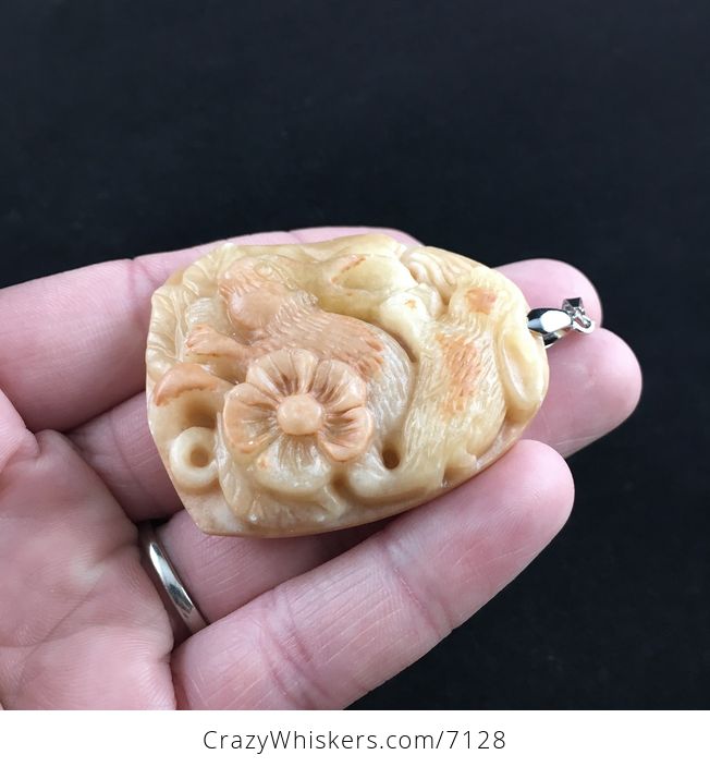 Bunny Rabbits Carved Jasper Stone Pendant Jewelry - #brJgvgkJaT4-3