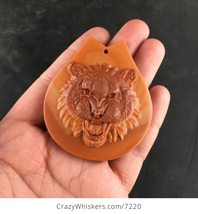 Carved Angry Lion or Tiger Face in Orange and Red Malachite Stone Jewelry Pendant - #lcFvKGIDsbw-1