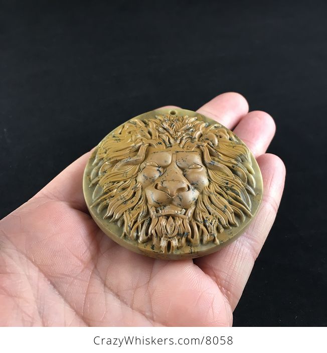 Carved Angry Male Lion Head in Ribbon Jasper Stone Jewelry Pendant - #6wGOhWD2iVs-2