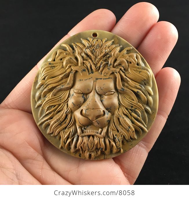 Carved Angry Male Lion Head in Ribbon Jasper Stone Jewelry Pendant - #6wGOhWD2iVs-1