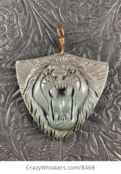Carved Angry Roaring Lion Face Succor Creek Jasper Stone Pendant Jewelry - #jYp14fOLKW4-1