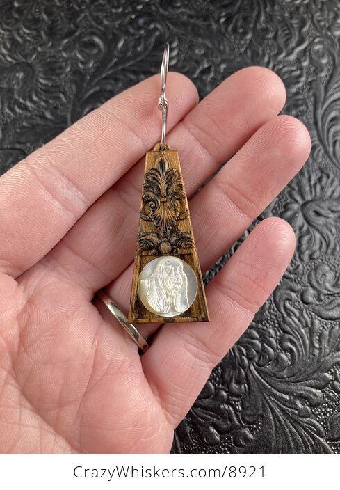 Carved Basset Hound Dog in Mother of Pearl Shell and Wood Jewelry Pendant - #Ydxo1tFiAYc-1