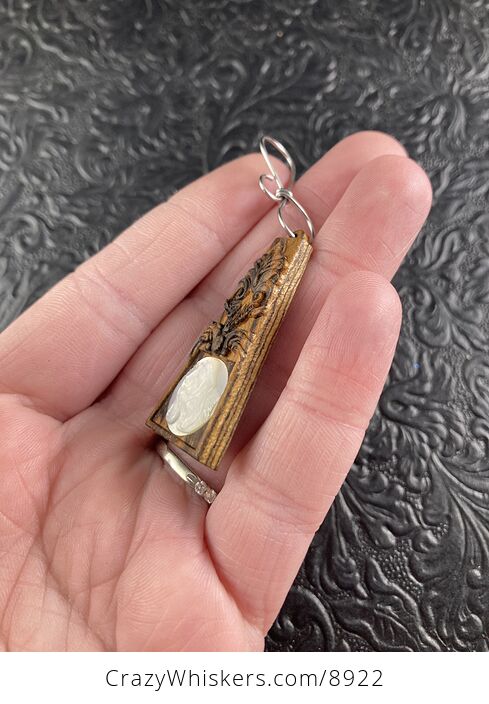 Carved Basset Hound Dog in Mother of Pearl Shell and Wood Jewelry Pendant - #pezIRgk4WyU-2