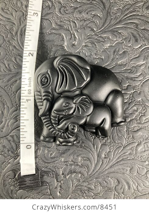 Carved Black Obsidian Mamma and Baby Elephant Stone Jewelry Pendant Bead - #xj7FPkhvRj8-3