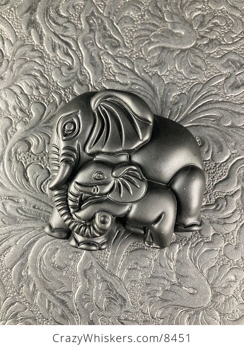 Carved Black Obsidian Mamma and Baby Elephant Stone Jewelry Pendant Bead - #xj7FPkhvRj8-5