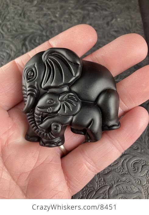 Carved Black Obsidian Mamma and Baby Elephant Stone Jewelry Pendant Bead - #xj7FPkhvRj8-1