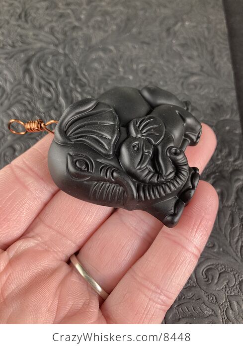 Carved Black Obsidian Mamma and Baby Elephant Stone Jewelry Pendant with Antique Copper Tone Bail - #JPeE32G8HA0-6