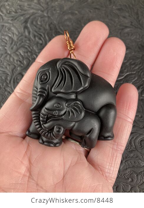 Carved Black Obsidian Mamma and Baby Elephant Stone Jewelry Pendant with Antique Copper Tone Bail - #JPeE32G8HA0-1