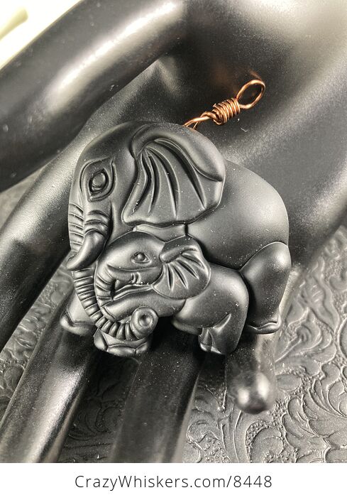Carved Black Obsidian Mamma and Baby Elephant Stone Jewelry Pendant with Antique Copper Tone Bail - #JPeE32G8HA0-3