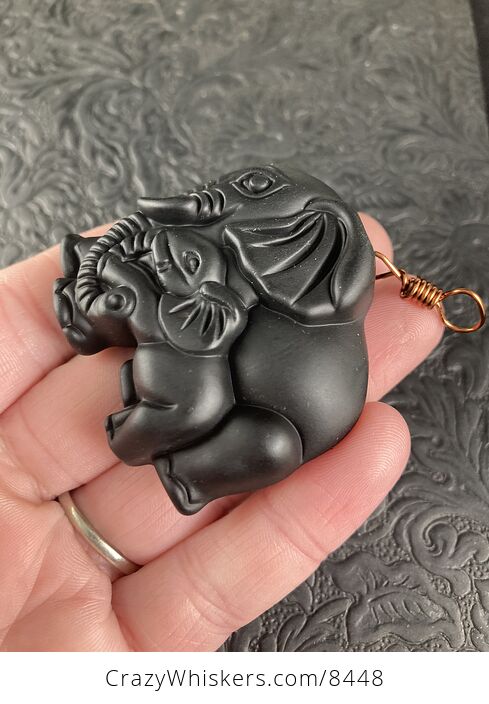Carved Black Obsidian Mamma and Baby Elephant Stone Jewelry Pendant with Antique Copper Tone Bail - #JPeE32G8HA0-7