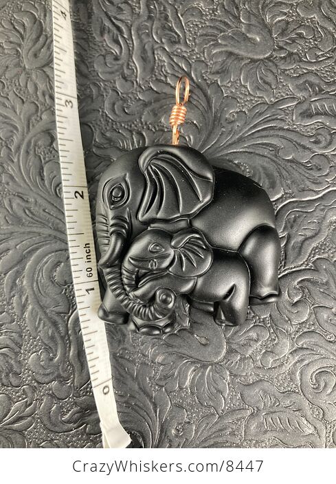 Carved Black Obsidian Mamma and Baby Elephant Stone Jewelry Pendant with Copper Bail - #lHM1cSti0Tk-3