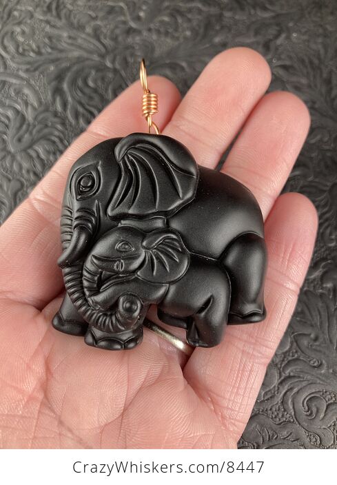 Carved Black Obsidian Mamma and Baby Elephant Stone Jewelry Pendant with Copper Bail - #lHM1cSti0Tk-7