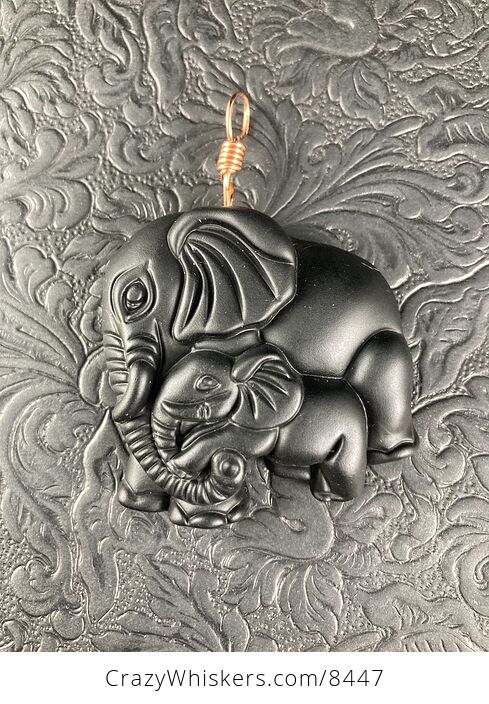 Carved Black Obsidian Mamma and Baby Elephant Stone Jewelry Pendant with Copper Bail - #lHM1cSti0Tk-4