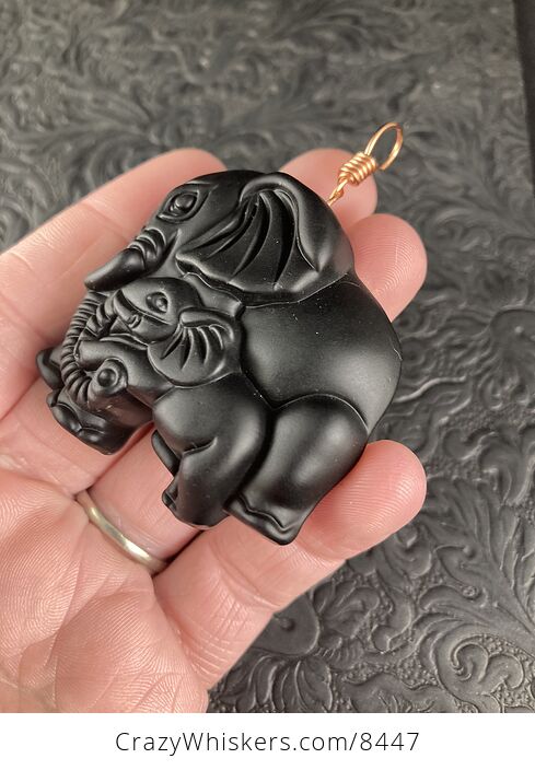 Carved Black Obsidian Mamma and Baby Elephant Stone Jewelry Pendant with Copper Bail - #lHM1cSti0Tk-5