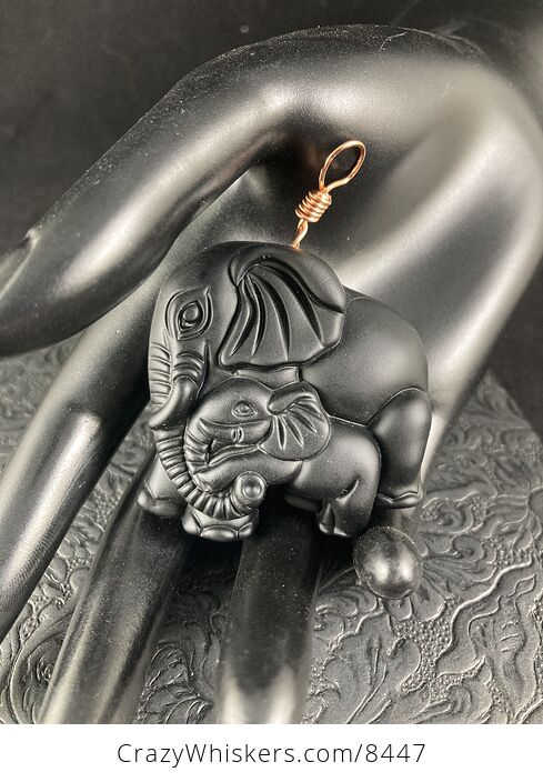 Carved Black Obsidian Mamma and Baby Elephant Stone Jewelry Pendant with Copper Bail - #lHM1cSti0Tk-2