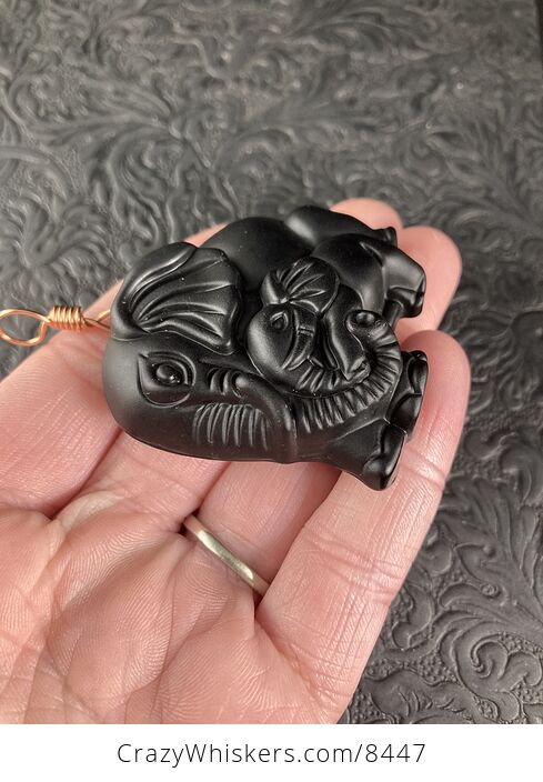 Carved Black Obsidian Mamma and Baby Elephant Stone Jewelry Pendant with Copper Bail - #lHM1cSti0Tk-6
