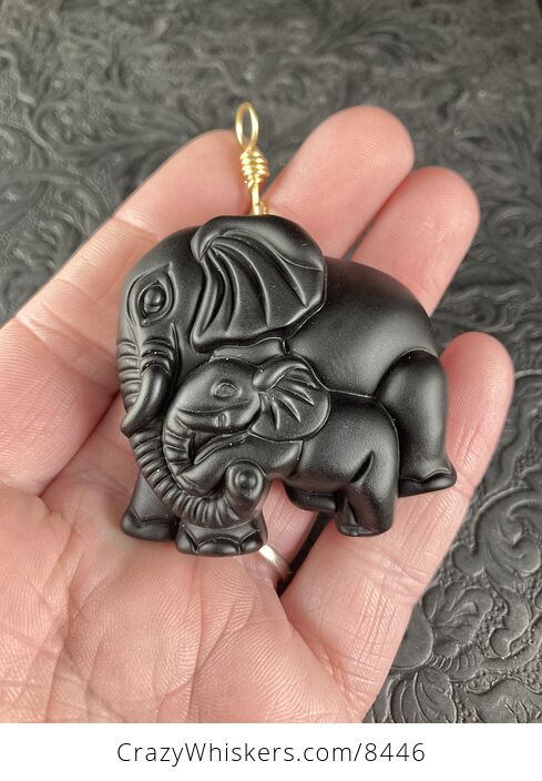 Carved Black Obsidian Mamma and Baby Elephant Stone Jewelry Pendant with Gold Tone Bail - #6IP6TLOqqWE-4