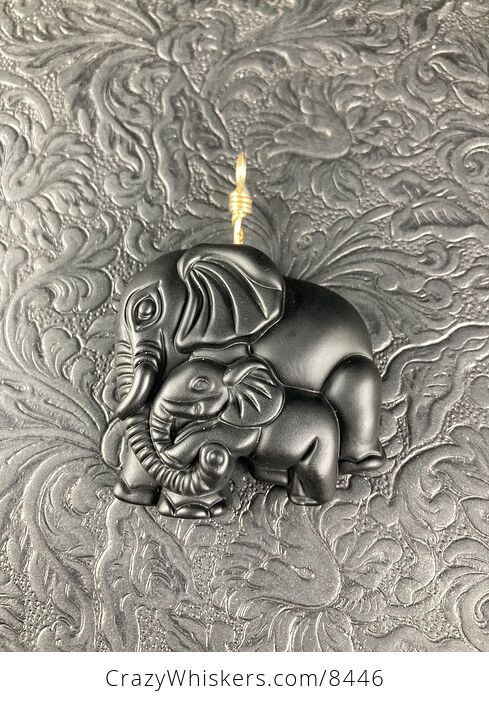 Carved Black Obsidian Mamma and Baby Elephant Stone Jewelry Pendant with Gold Tone Bail - #6IP6TLOqqWE-5