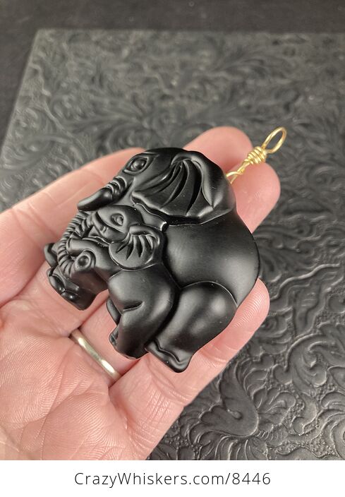 Carved Black Obsidian Mamma and Baby Elephant Stone Jewelry Pendant with Gold Tone Bail - #6IP6TLOqqWE-3