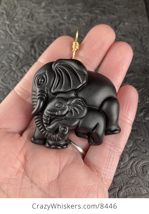 Carved Black Obsidian Mamma and Baby Elephant Stone Jewelry Pendant with Gold Tone Bail - #6IP6TLOqqWE-1