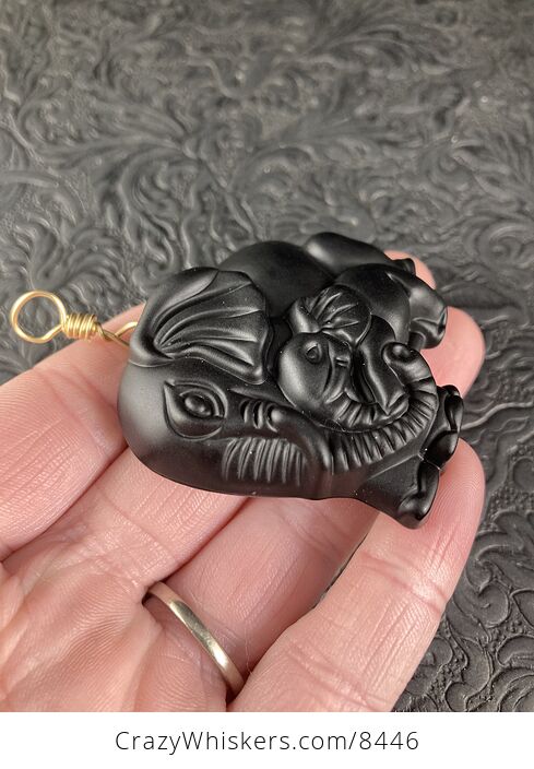 Carved Black Obsidian Mamma and Baby Elephant Stone Jewelry Pendant with Gold Tone Bail - #6IP6TLOqqWE-2