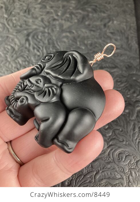 Carved Black Obsidian Mamma and Baby Elephant Stone Jewelry Pendant with Rose Gold Tone Bail - #UbqzpZfjqjA-2