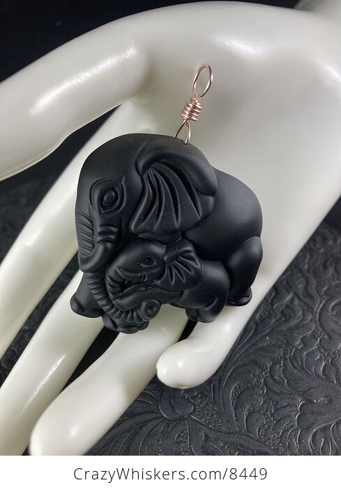 Carved Black Obsidian Mamma and Baby Elephant Stone Jewelry Pendant with Rose Gold Tone Bail - #UbqzpZfjqjA-7