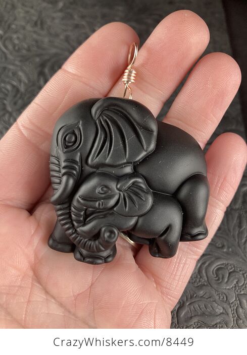 Carved Black Obsidian Mamma and Baby Elephant Stone Jewelry Pendant with Rose Gold Tone Bail - #UbqzpZfjqjA-1