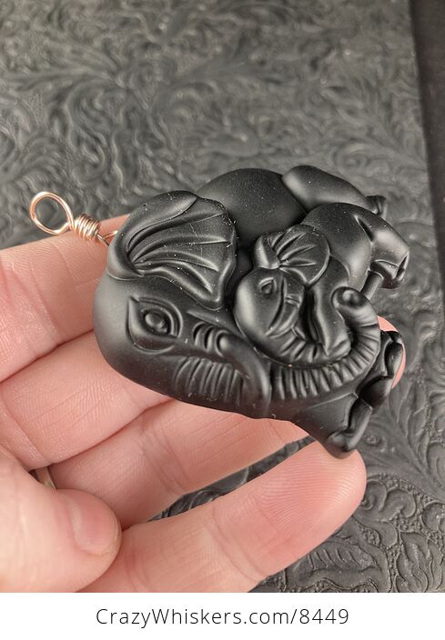Carved Black Obsidian Mamma and Baby Elephant Stone Jewelry Pendant with Rose Gold Tone Bail - #UbqzpZfjqjA-3