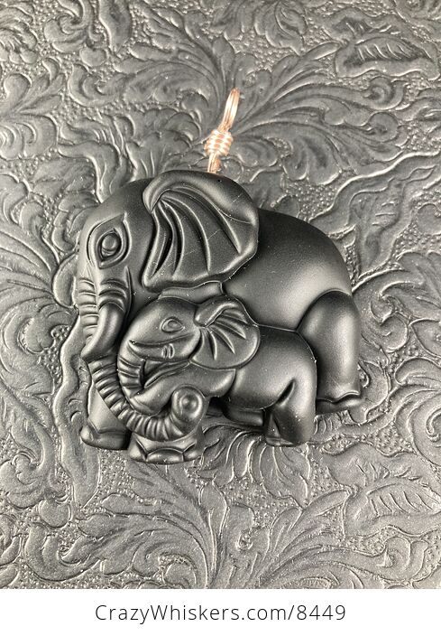 Carved Black Obsidian Mamma and Baby Elephant Stone Jewelry Pendant with Rose Gold Tone Bail - #UbqzpZfjqjA-5
