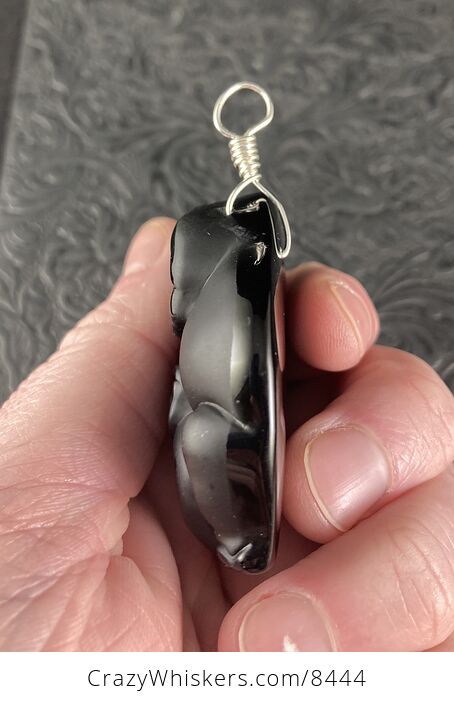 Carved Black Obsidian Mamma and Baby Elephant Stone Jewelry Pendant with Silver Bail - #sFZHiYchlqI-5